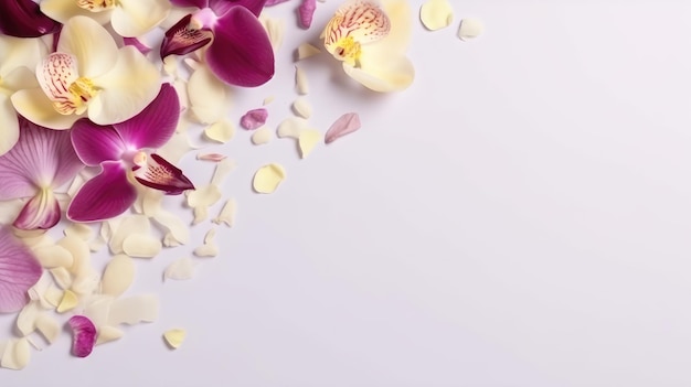 Belles pétales d'orchidées sur fond coloré Concept de printemps Generative AI