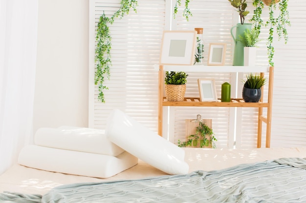 Belles photographies intérieures de la chambre à coucher moderne avec des oreillers confortables d'orthopédie