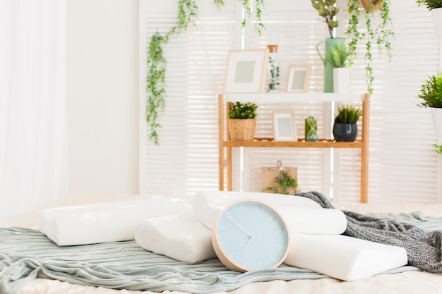 Belles photographies intérieures de la chambre à coucher moderne avec des oreillers confortables d'orthopédie