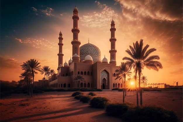 belles photos de mosquée coucher de soleil paysage ensoleillé, ai créative