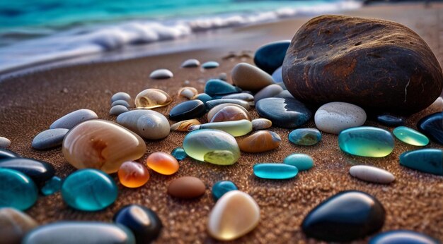 belles pierres de couleur de plage dans le côté de la plage avec des vagues la nuit pierres de phosphore