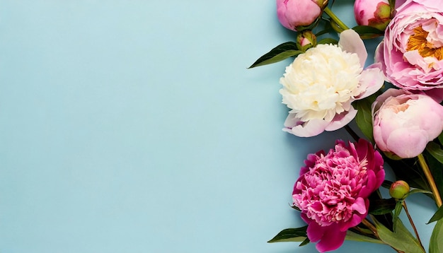 De belles pionnées fleurissent au printemps sur un fond bleu clair.