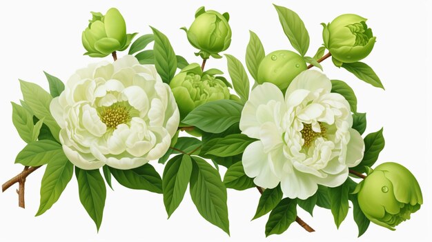 Belles pivoines blanches fleurs feuille verte sur fond blanc Art généré par AI