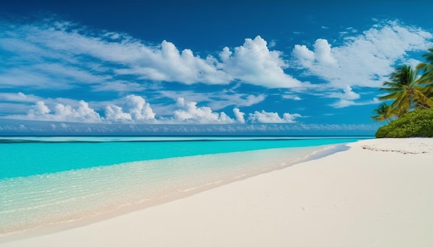 Belles plages tropicales et mer avec fond bleu, plage sur ciel bleu vif, arrière-plan