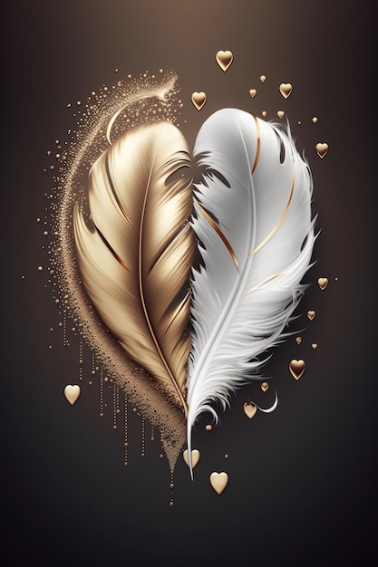 De belles plumes blanches et des larmes d'or clair tombent illustration AI générative