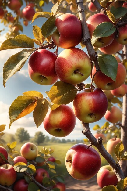 belles pommes mûres accrochées à la branche d'un pommier