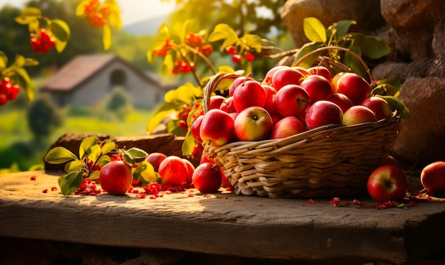 Belles pommes mûres dans le panier en osier Bonne récolte de fruits biologiques sur la table à l'extérieur Generative AI