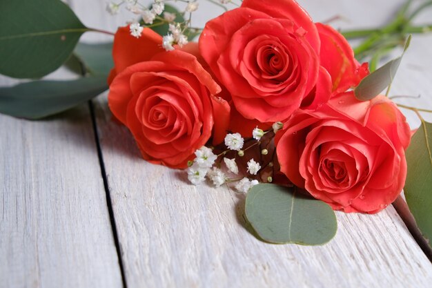 Photo belles roses de corail et eucalyptus sur une table en bois blanche.