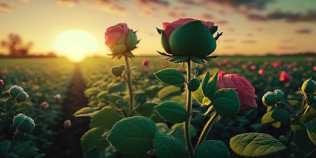 Belles roses dans un champ vert par une journée ensoleillée Éclairage chaleureux