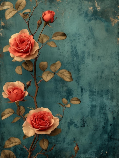 De belles roses dans des nuances de rouge et de pêche grâce à un fond vintage bleu texturé offrant un riche contraste et une esthétique intemporelle pour les projets artistiques et de design