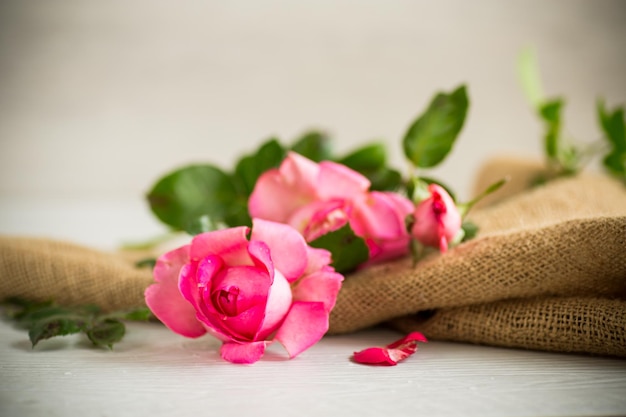 belles roses d'été roses sur une table en bois clair