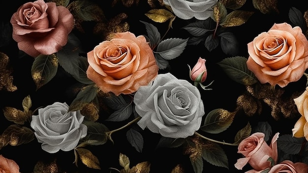 Belles roses en fleurs élégantes sur fond noir AI générative