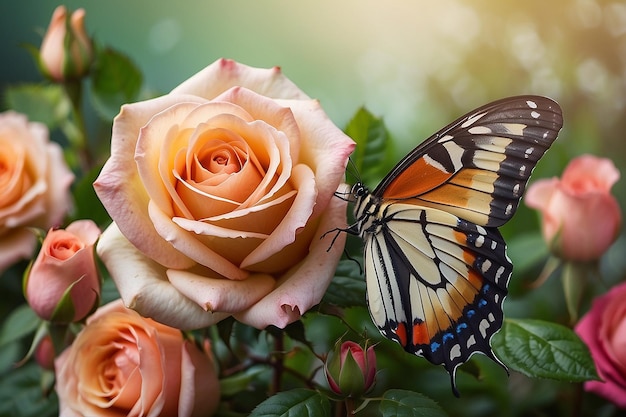 De belles roses et des fleurs de papillon à l'arrière-plan