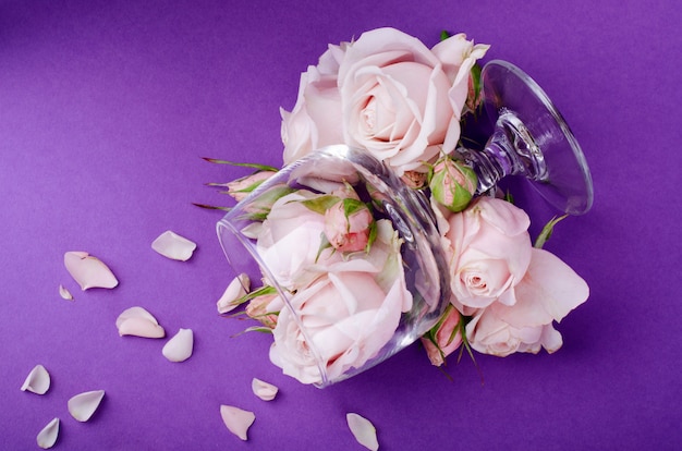 Belles roses lilas pastel dans un verre à vin vide