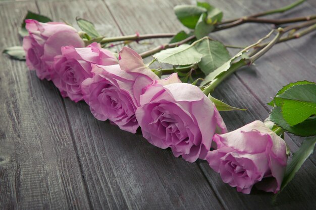 Belles roses roses sur fond en bois