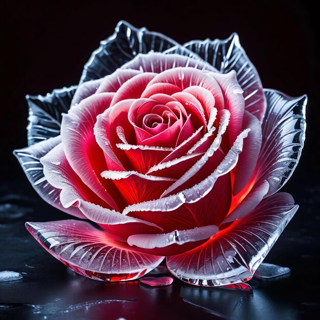 Photo de belles roses rouges glacées sur un fond noir en gros plan arrière-plan floral