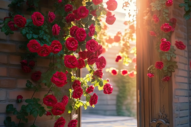 De belles roses rouges sur le mur d'une maison à la lumière du soleil