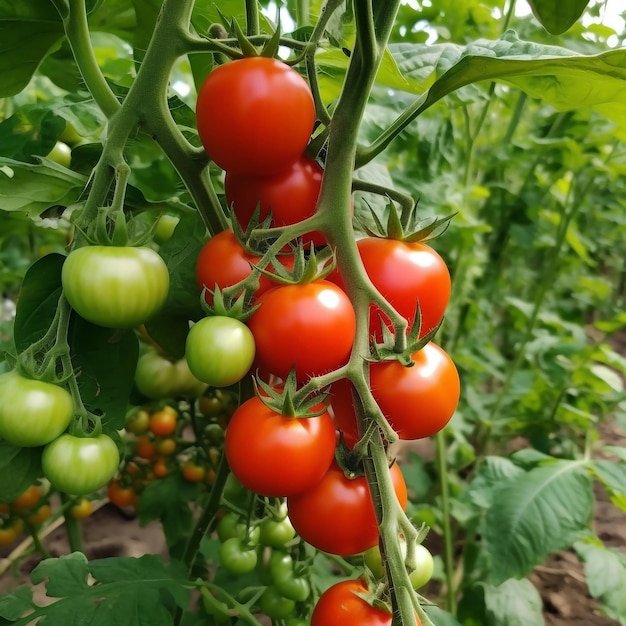 Belles tomates cerises mûres rouges cultivées dans une serre générative ai