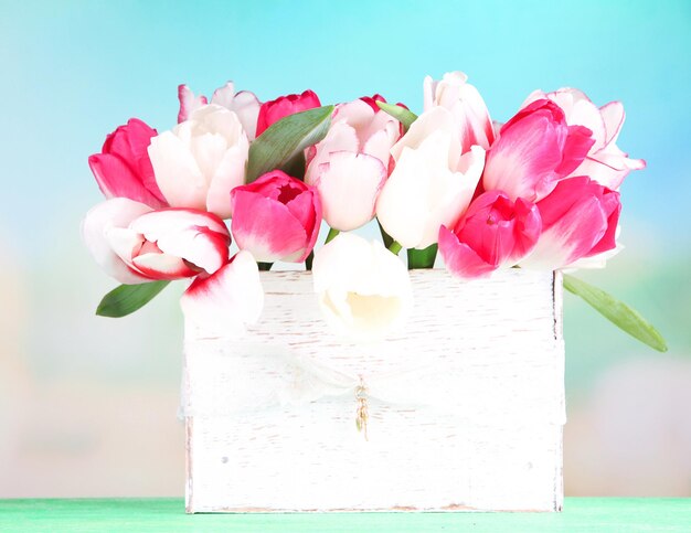 Belles tulipes dans une boîte en bois, sur fond clair