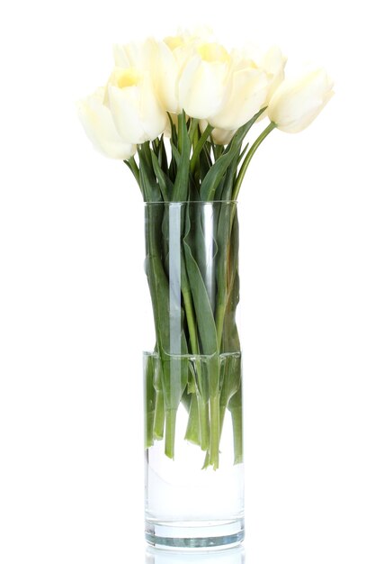 Belles tulipes dans un vase en verre isolé sur blanc