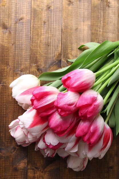 Belles tulipes sur fond de bois de couleur