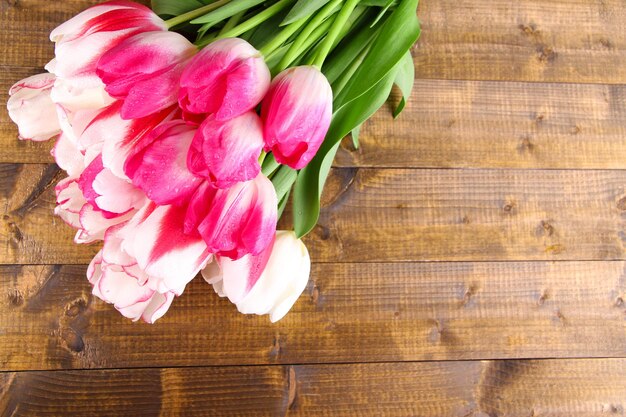 Belles tulipes sur fond de bois de couleur