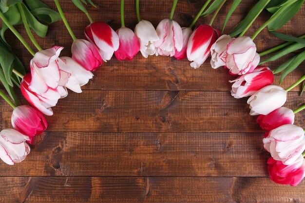 Belles tulipes sur fond de bois de couleur