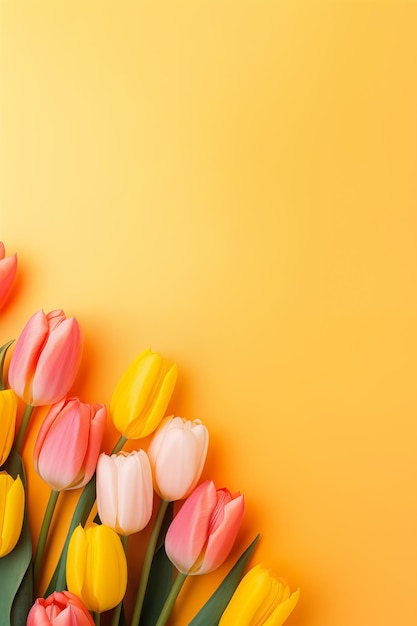 De belles tulipes isolées sur un fond jaune floral aménagement de printemps romantique espace de copie pour le texte