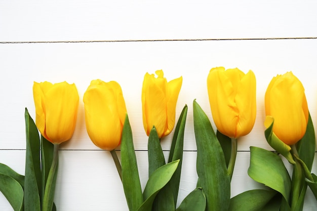 Belles tulipes jaunes sur fond blanc en bois, espace pour le texte. Vue de dessus