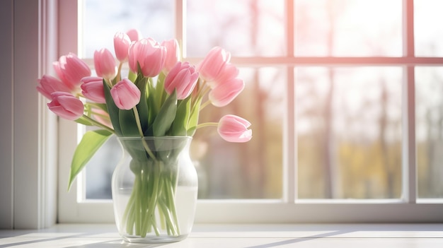 De belles tulipes roses dans un vase en verre sur le fond du rebord de la fenêtre