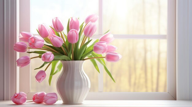 De belles tulipes roses dans un vase en verre sur le fond du rebord de la fenêtre