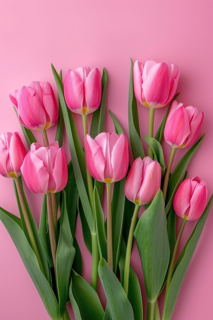 De belles tulipes roses sur un fond rose plat posé carte de vœux de belles tulips pour la fête des mères