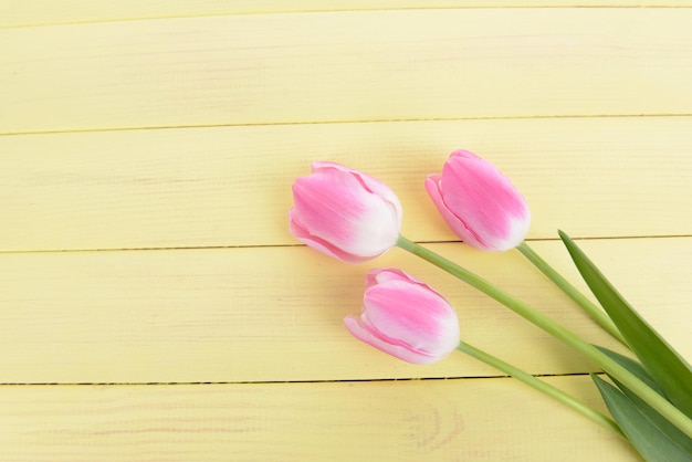 Belles tulipes en seau sur table close-up