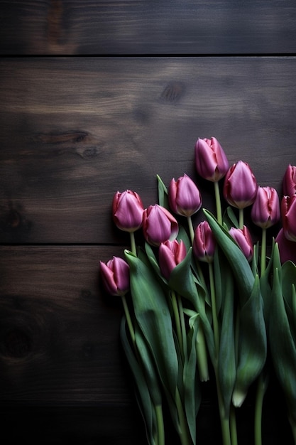 Belles tulipes violettes sur fond de bois foncé