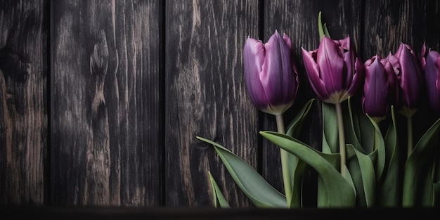 Belles tulipes violettes sur fond de bois foncé