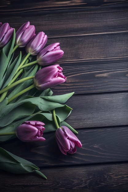 Belles tulipes violettes sur fond de bois foncé
