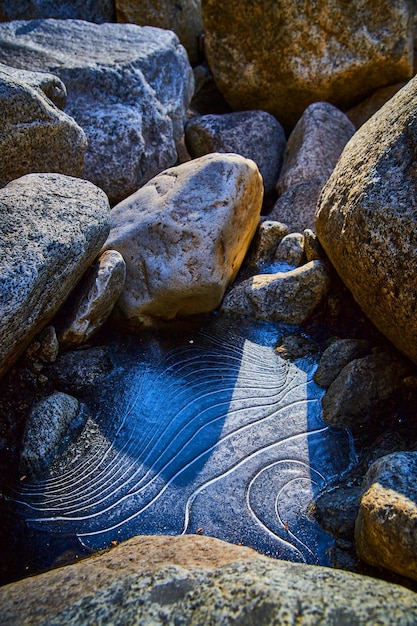 Photo belles vagues de glace gelée entre de petits rochers