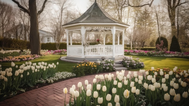 Un belvédère dans un jardin avec des tulipes en arrière-plan