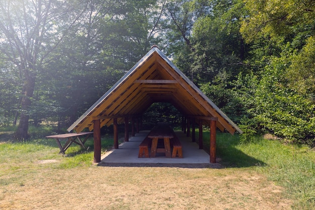 Belvédère ou pavillon en bois dans la forêt en plein air