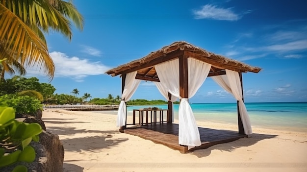 Un belvédère sur la plage avec palmiers et ciel bleu