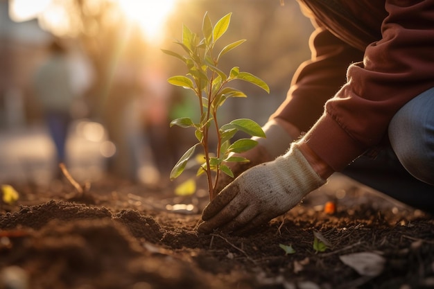 Bénévole plantant un nouvel arbre dans la terre d'un jardin urbain avec l'IA générative