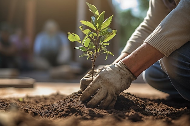 Bénévole plantant un nouvel arbre dans la terre d'un jardin urbain avec l'IA générative