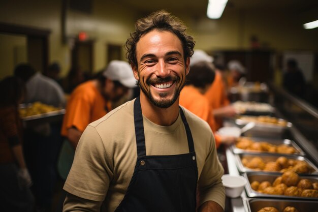 Un bénévole positif au service des sans-abri dans une cantine sociale