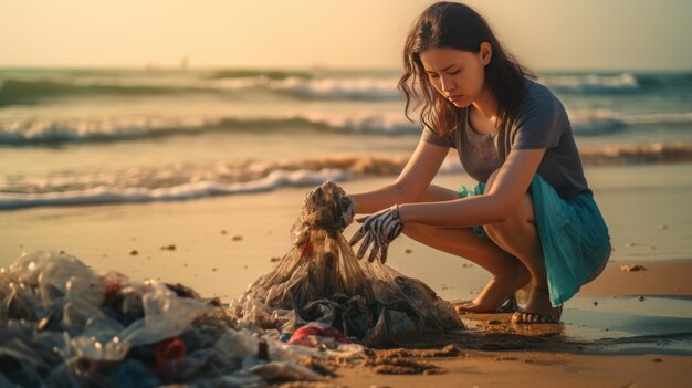 Un bénévole ramasse des ordures sur la plage près de l'océan