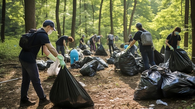 Des bénévoles nettoient le parc avec des sacs à ordures.