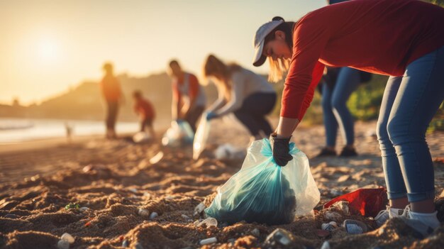 Des bénévoles ramassent des déchets plastiques sur la plage.