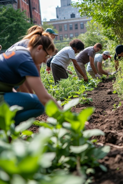 Photo des bénévoles travaillent ensemble pour planter dans un jardin urbain animé.