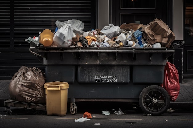 Benne débordant de déchets et de matières recyclables