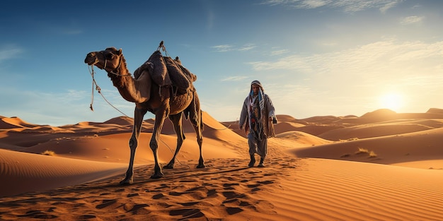 Un Berber à la tête d'une caravane de chameaux
