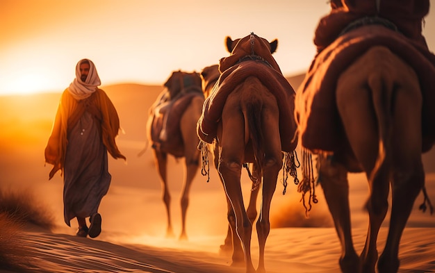 Photo des berbères à la tête d'une caravane de chameaux dans le désert